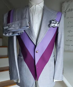 Gris Púrpura Mosaico de los Hombres Trajes de Gran de Gran Tamaño a Medida Blazer Pantalones de los Hombres de Lujo DEL Traje de 2 piezas de la Capa Pantalón XS-6xl Diseño Único