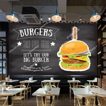 Personalizado Pizarra Burger Papel Pintado Industrial De La Decoración Mural De Comida Rápida Restaurante Snack Bar, Fondo De La Pared De Papel De Parede
