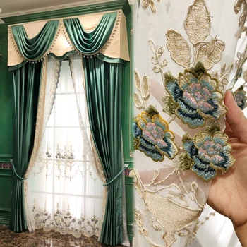 Nuevo estilo de la cortina de la simple Europa de luz de lujo, sala de estar dormitorio cálido de la gasa de la ventana de gasa Bordado de lujo de la Flor