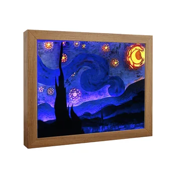 Van Gogh Cielo Estrellado 3D Estéreo Lámparas de Mesa de la Mesilla de Noche LED Luz de Arte Creativo Marco de Madera Decoración de la Habitación de Regalos tienda de regalos