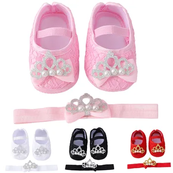 Zapatos de bebé Con la Banda para el Cabello 2Pcs Trajes Suave con Suela de Niño Zapatos de Fiesta Versátil Vestido Bowknot de la Perla de la Princesa de los Zapatos de Primera Caminantes