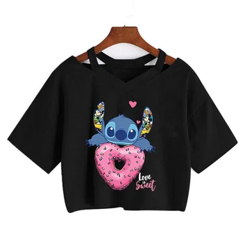 Y2k Disney Kawaii Lilo Stitch Divertidos dibujos animados Camiseta de las Mujeres de la Puntada de la Manga T-shirt Graphic Camiseta de Streetwear Recortar la parte Superior Camisetas Mujer