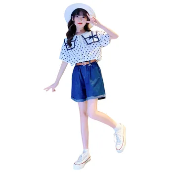Los Niños coreanos del Conjunto de Ropa de Verano Casual de la Solapa de Impresión de Lunares Top + pantalones Cortos de Mezclilla con Cinturón de 2pcs Streetwear Adolescentes de Desgaste 4-14Y