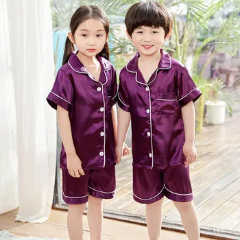 Niño de Pijamas de Niñas Niños Pijamas de Satén Botón de Seda del Pijama Conjuntos de Adolescente Niño ropa de dormir de los Adolescentes Pijamas Ropa de Verano para 3 -14T