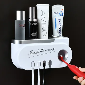 Creativo Titular de Cepillo de dientes Pasta de dientes Automático Dispensador Montado en la Pared de Punch-libre de Aseo de Almacenamiento de Baño Accesorios de Baño