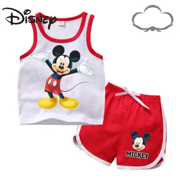 Disney Niños Chaleco del Conjunto de Algodón 2023 Nuevo de Mickey Mouse dibujos animados de Verano de la parte Superior del Tanque de pantalones Cortos de los Niños ropa de Bebé de la Muchacha de la Ropa