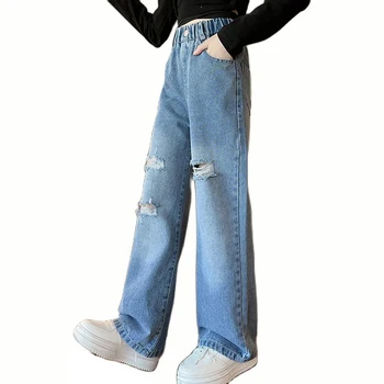 Chicas Jeans Gran Agujero Pantalones Vaqueros De Los Niños Para Las Niñas Estilo Casual Niños Jeans Primavera Otoño De Ropa De Niños 6 8 10 12 14