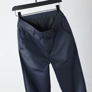 La primavera de los Hombres de Color Sólido elástico de Alto Business Casual Pantalones Clásico Estilo Suelto corte Recto Pantalón Negro Masculino de la Marca Azul Oscuro