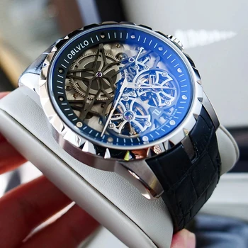 OBLVLO parte Superior de la Marca del Diseñador Militar Masculino Relojes Esqueleto Impermeable Doble Tourbillon Automático Reloj Mecánico Relojes Homme