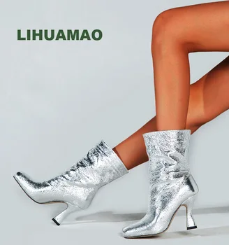 LIHUAMAO Plata Chelsea botas de mujer de tacón alto de los zapatos de deslizamiento sobre el tobillo botas western bombas de tacón de aguja