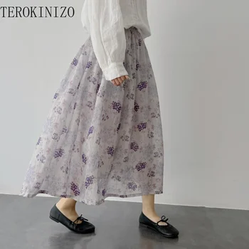 TEROKINIZO Japón Estilo Vintage Faldas de las Mujeres de Cintura Alta de Una línea Suave Jupe Femme Flor Impresa Básicos de Todos-partido de Faldas Mujer
