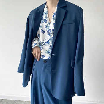 2021 Otoño coreano estilo Único retro traje de los hombres casual suelto sencillo traje azul para los hombres M-XL