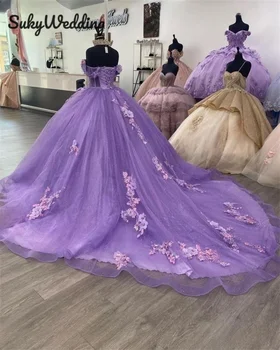 Violeta Púrpura Vestidos de Quinceañera 2023 Lentejuelas Apliques de Encaje Mexicana Flores 3D Sweet 16 Vestidos Corsé vestidos de 15 anos