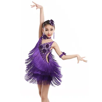niño niño niños profesional de baile latino vestido para las niñas de baile de salón de baile vestidos para niños de lentejuelas rojo de flecos de la salsa de la borla