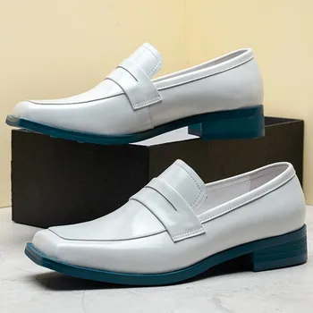 Fondo azul Zapatos para Hombres Slip De Cuero Genuino Casual Zapatos de Dedo del pie Cuadrado Mocasines p30d50