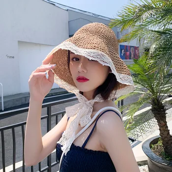 Verano Sombrero de Paja para las Mujeres de Encaje de la Playa de los Sombreros de las Mujeres de corea a prueba de viento de la Cuerda de Viaje de Ala Ancha Sombrero para el Sol Elegante Sombrero de Cubo de Sol