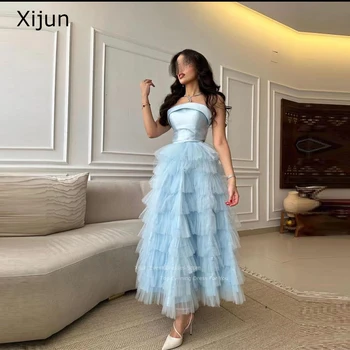 Xijun Cielo Azul Vestidos De Noche Corto Vestido De Fiesta Formal OccasionAnkle Longitud De Baile Vestidos De Volantes Vestido De Una Línea Con Gradas Vestidos De Fiesta