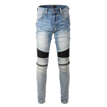 Nuevo Estilo de los Hombres Versión coreana de Slim Moto Jeans de Alta de la Calle de Moda los pantalones Vaqueros de la Cremallera de Empalme de la Moto del Motorista del Dril de algodón Pantalones Masculinos