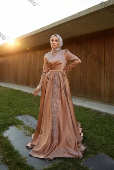 De Manga Larga De Musulmanes Vestidos De Noche Hiyab Islámico Formal Vestido De Fiesta De La Arabia Saudita De Satén Con Apliques De Cuello Alto Caftán Marroquí