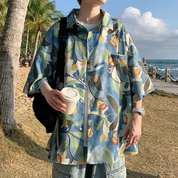 Mafokuwz Playa de Hawai Blusa Flor Impresa Camisa de Manga Corta de los Hombres de Tendencia Suelta Japoneses de Alta de la Calle de Hielo Camisa de Seda