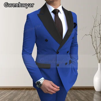 Gwenhwyfar 2022 Nuevo Collar Negro del Bolsillo de los Hombres de Traje Azul Real de la Boda del Novio Traje de Doble Botonadura Vestido Homme 2 Piezas