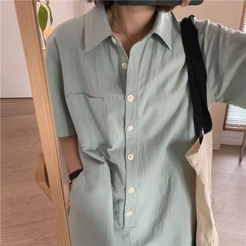 De verano de Algodón y Ropa de Mujer Vestido de 2022 Nueva Casual Color Sólido Simple Recto V-cuello de Jersey Camisa Vestidos para las Mujeres