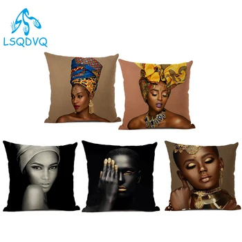 Mujer Africana Retrato Impreso Cottton Asiento De La Funda Del Cojín Para El Sofá, Afro Resumen Tirar Funda De Almohada Funda De Almohada Decorativa