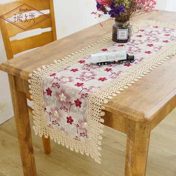 Pastoral rojo bordado de malla de encaje de mesa de tela de decoración para el hogar textiles café, té, tabla de gabinete de la cubierta decorativa toalla tapete de mesa