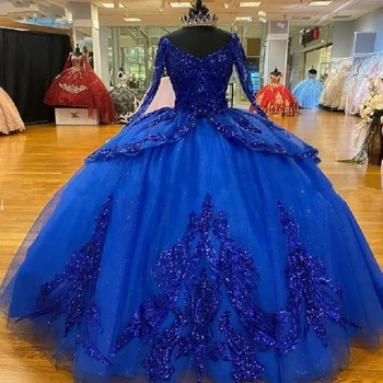 ANGELSBRIDEP Royal Azul de manga Larga Vestido de Bola Vestidos de Quinceañera Para la Fiesta de 15 de Brillo de Encaje Dulce 16 de la Princesa Vestidos de Cumpleaños