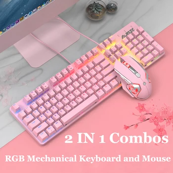 Rosa Luz RGB Teclado Ratón Conjuntos de 104 Teclas Mecánicas Keybaord con RGB Retroiluminada Ratones para PC ruso/Corea/árabe de la etiqueta Engomada