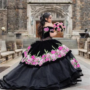 Negro Floral Vestidos de Quinceañera 2023 Mexicano Fuera de Hombros con Cuentas Vestido de fiesta de la Vendimia de Charro Quince Fiesta de Cumpleaños de Vestidos de xv