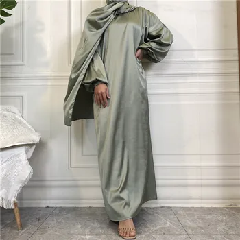 Simple de Raso Sólido de las Mujeres se visten con Bufanda Abaya Oriente Musulmán Jalabiya Ropa de Mangas Largas Kaftan Hiyab Ramadán Túnica
