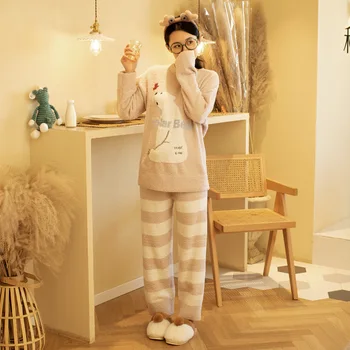 Japonés Suave Oso Kawaii Pijama O-cuello de Jersey de Manga Larga&Pantalones a rayas ropa de hogar Traje de Invierno Caliente de Espesor de las Mujeres Pijamas