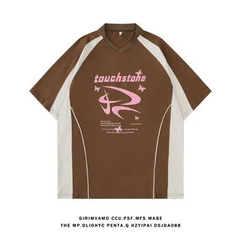 Vintage Techwear Hombres Camisetas Impresión Gráfica Manga Corta cuello V-Tops y2k Unisex Camisetas Par de Ropa Masculina T-shirt