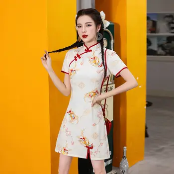 Las Mujeres De La Moda Slim Mini Cheongsam Chino Estilo Niñas Vestido De Fiesta Dulce De Impresión De La Flor Qipao De La Vendimia Vestidos De Las Señoras De Qi Pao