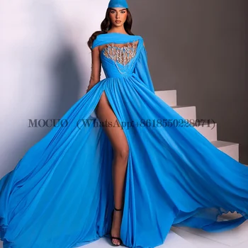 Azul Vestidos De Noche De Cristal Halter Saudita De Corte Bajo Boho Formal Vestidos De Baile De Promoción Lado Split Mono De Lujo De Un Hombro Vestido De Fiesta