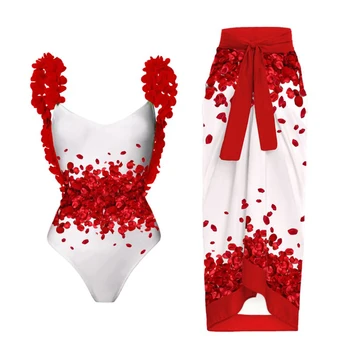 Rojo Pétalo de Impresión Traje de baño de Una pieza Sexy Halter de las Mujeres Bikini de Moda de la Correa de la Blusa de Coincidencia de Color de los trajes de baño De 2023 Pre-venta