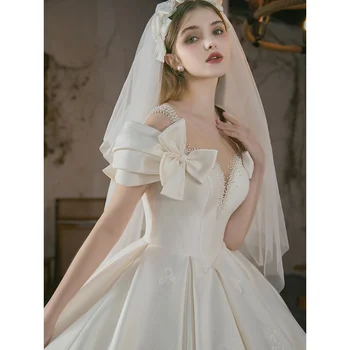Vestido de novia de satén maxi vestidos de gala de los hombros fuera de una sola pieza vestido de bola bowknot vestido Romántico velo de Novia H988