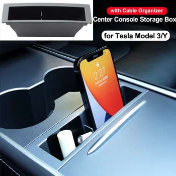 Para El Tesla Model S 3 2023 Interior De Los Accesorios De La Consola Central Apoyabrazos De La Caja De Almacenamiento De La Clave De La Tarjeta De Teléfono Con El Cable De Carga Organizador Caso