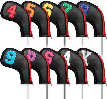 Golf Cubre de la Cabeza de Hierro Headcover con Cremallera Negro 10pcs Conjunto de colores Número de Embroideried PU
