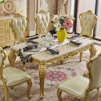 Europea de mármol, mesa de comedor y silla combinación de los hogares tallada mesa de comedor de oro de Champán mesa de comedor rectangular