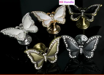 De moda Creativo de plata oro bronce mariposa muebles mango de cristal claro, negro, blanco cajón del armario de zapatos armario tire de la perilla