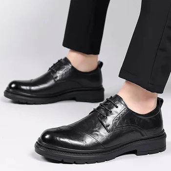 Marca de los Hombres de los Zapatos de Vestir de Moda de Cuero Genuino de los Hombres de Negocios Zapatos Planos Negros Transpirable Hombres Formales de la Oficina de Trabajo de Zapatos