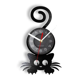 Señora loca de los gatos Arte de la Pared la Silueta de Gatito Gato con Graciosa Cola de Decoración para el Hogar Reloj de Pared Negro Kitty disco de Vinilo Reloj de Gato Amante de los animales