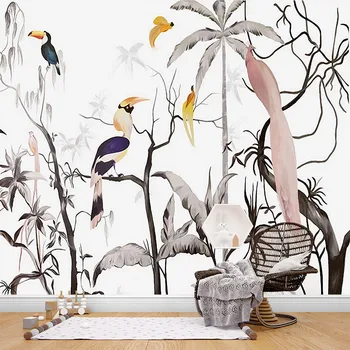 Pintado a mano tropical en blanco y negro de la lluvia de aves de la selva 3D personalizados fondo de pantalla fondo de pantalla fondo de pantalla de sala de estar, dormitorio, sofá ba