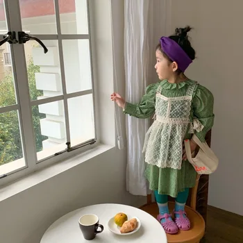 Coreano ropa para Niños 2023 Primavera Otoño de las Niñas de Loto Cuello Fragmentado Vestido de Flor+de Encaje de Corte de la Correa de la Delantal Conjunto
