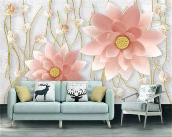 Fondo de pantalla personalizado en 3D estéreo de alivio de la moda de loto de color rosa a casa y Wanshixing Chino dormitorio sofá TV fondo pared mural behang