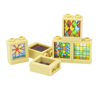 Compatible 60592 1x2x2 Bloques de Construcción de la Ciudad de la Casa los Muebles de la Ventana Impreso Colorido Irregulares de Vidrio Abatible Juguetes Para los Niños