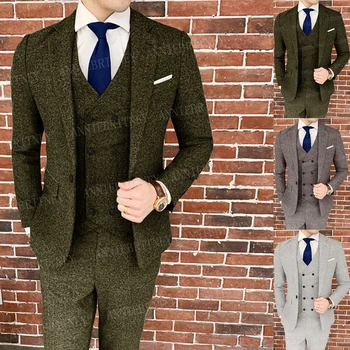 2021 Marca De Color Verde Oscuro Tweed Novio De La Boda Traje De Esmoquin Slim Fit De Carbón Chaqueta Chaleco Pantalones De 3 Piezas A La Medida De La Moda De Trajes Para Hombres