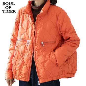 ALMA DE TIGRE 2021 Naranja Casual Chaqueta de plumón para Mujer de la Vendimia Suelta de Cuello de Pie Sólido Parkas Mujer Cremalleras de los Bolsillos de la chaqueta de Abrigo